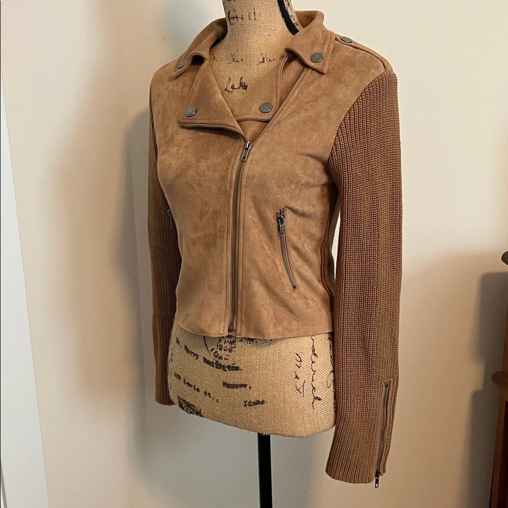 VICI Camel Fall Neutral Moto Jacket Ribbed Knit Sleeve Detail Extra Small